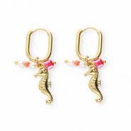 Stainless steel earrings seahorse Gold-Red-White