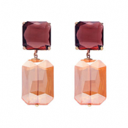 Crystal Glass earrings / earpins square-rectangle Dark Plum-Apricot Orange-Gold