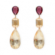 Crystal Glass earrings / earpins drop-rectangle Dark Plum-Amber Orange-Gold