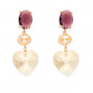 Crystal Glass earrings / earpins oval-disc-heart Dark Plum-Amber Orange-Gold