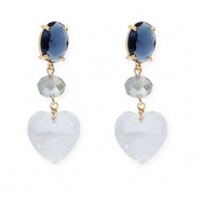 Crystal Glass earrings / earpins oval-disc-heart Dark Blue-Light Grey-Light Blue-Gold