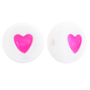 Acrylic letter beads hearts Neon pink-White