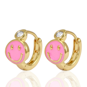 Brass TQ metal earrings creole smiley Pink Crystal-Gold