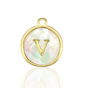 Stainless steel charms 12mm shell initial V White (natural colour)-Gold