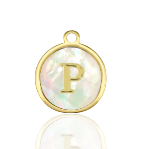 Stainless steel charms 12mm shell initial P White (natural colour)-Gold