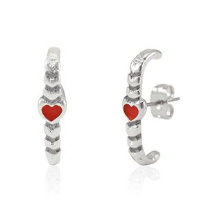 DQ European metal findings earrings heart Antique Silver-Red (nickel free)