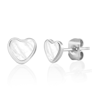 Stainless steel earrings / earpins heart Silver-Pearl White
