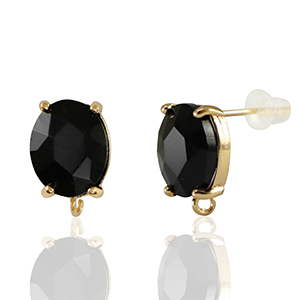 Crystal Glass earrings / earpins with loop oval Black-Gold