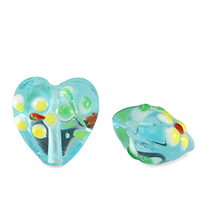 Hand-painted Glass beads heart flower Aquamarine Blue-Yellow
