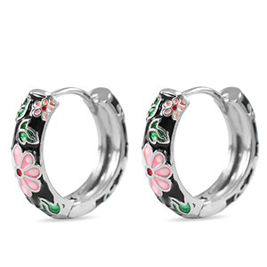 Brass TQ metal creole with enamel flower Silver-Black Pink