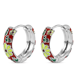 Brass TQ metal creole with enamel flower Silver-Red Yellow