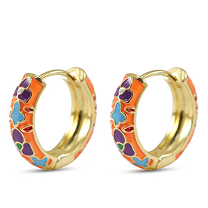 Brass TQ metal creole with enamel flower Gold-Orange Blue