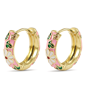 Brass TQ metal creole with enamel flower Gold-Pink White