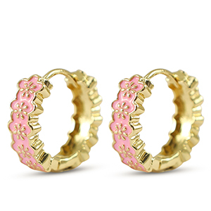 Brass TQ metal creole with enamel flower Gold-Pink