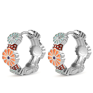 Brass TQ metal creole with enamel flower Silver-Orange Blue