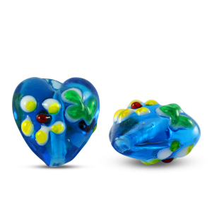 Hand-painted Glass beads heart flower Transparent Prussian Blue-Yellow