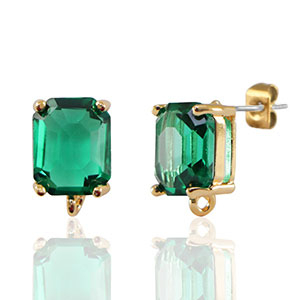 Crystal Glass earrings / earpins with loop rectangle Green-Gold