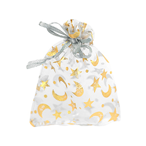Jewellery Organza Bag 9x12cm moon and star Light Grey-Gold