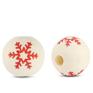 Wooden beads round 16mm snowflake Natural-red