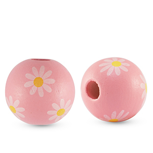 Wooden beads round 16mm flower Light pink
