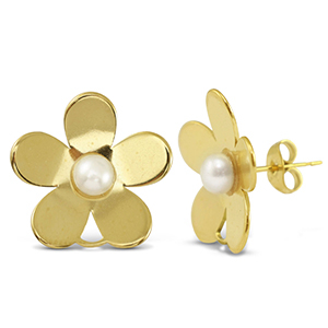 Stainless steel earrings / earpins pearls flower with loop Gold