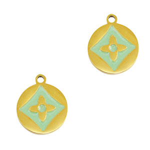 Stainless steel charms round flower Gold-Mint Green