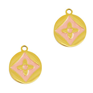 Stainless steel charms round flower Gold-Pink