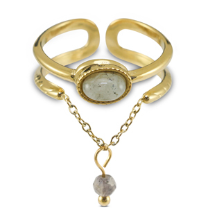 Stainless steel rings with natural stone Gold-Greenish Grey