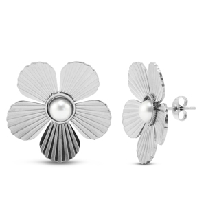 Stainless steel earrings / earpins flower with imitation pearls Silver