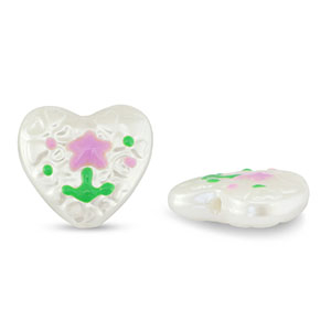 Acrylic beads heart with flower Pearl-Lilac Pink-Green