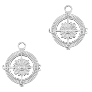 Stainless steel charms compass with flower Silver