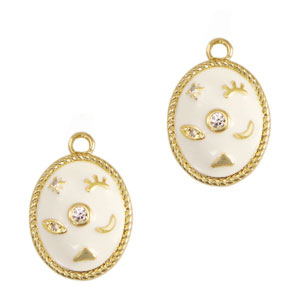 Brass TQ metal charms oval enamel Gold-White