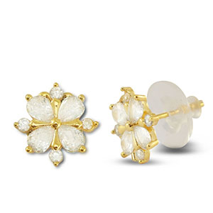 Brass TQ metal earrings / earpins zirconia flower Gold