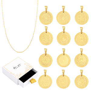 Charms Birthflower set 12 months + 12 necklaces + 12 (gift) boxes Gold-White