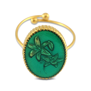 Stainless steel rings enamel oval with flower Gold-Dark Green