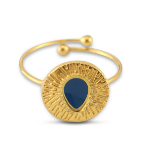 Stainless steel rings enamel round with drop Gold-Cerulean Blue