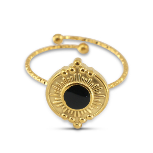 Stainless steel rings enamel round Gold-Black