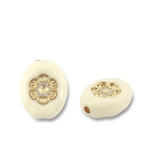 Acrylic beads oval with flower Off White-Gold