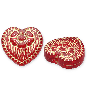 Acrylic beads heart with flowers Red-Gold