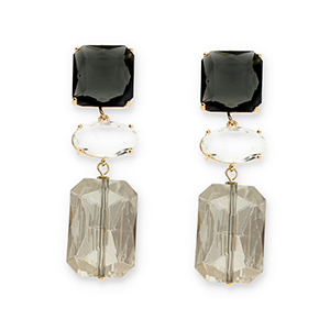Crystal glass earrings / earpins square-oval-rectangle Dark Grey-Transparent-Grey