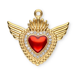 Stainless steel charms sacred heart with wings Gold-Red-Crystal