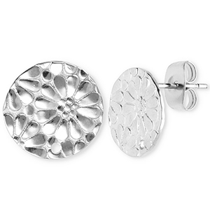 Stainless steel findings earrings / earpin round with flower with loop Silver