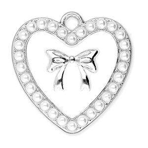 Metal charms heart with pearls and bow Silver-White