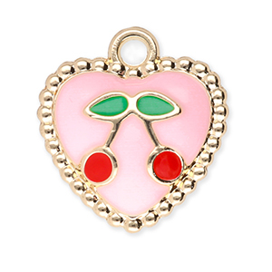 Metal charms heart with cherries Gold-Light Pink-Red-Green