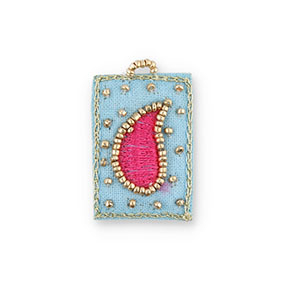 Handmade embroidered charms drop Light Blue-Fuchsia-Gold