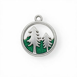 Stainless steel charms with enamel round with trees Silver-Green