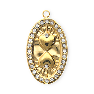 Stainless steel charms with strass oval with hearts Gold-Crystal