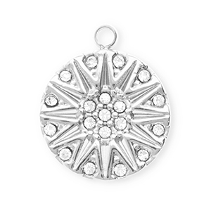 Stainless steel charms with strass round with sun Silver-Crystal