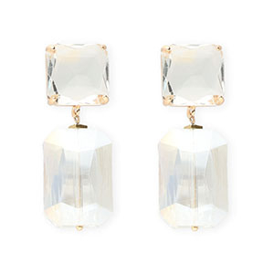 Crystal Glass earrings / earpins square-rectangle Transparent-Transparent Ab Coating-Gold